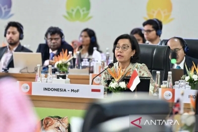 Le ministre indonésien des Finances, Sri Mulyani, lors de la 3e réunion du groupe de travail des députés de l&#039;ASEAN sur les finances et la banque centrale (AFCDM-WG) sous la présidence indienne.  ANTARA/HO-Ministère des Finances.