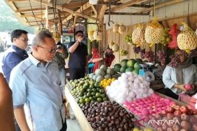 Le ministre du Commerce Zulkifli Hasan s&#039;entretient avec des marchands de fruits au marché de Siger Bakauheni, Lampung du sud, province de Lampung, mercredi (19/7/2023).  ANTARA/Riadi Gunawan/aa.