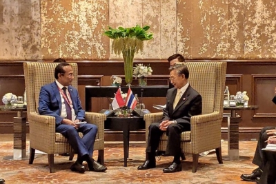 Pertemuan bilateral antara Parlemen Indonesia diwakili Wakil Ketua Komisi I DPR RI Satya Widya Yudha dan Ketua Parlemen Thailand sekaligus tokoh senior ASEAN Chuan Leekpai yang berlangsung di Hotel Intercontinental, Bangkok, Thailand, Sabtu (22/6/2019).