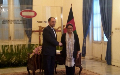 Menteri Luar Negeri RI Retno Marsudi melakukan pertemuan bilateral dengan Menteri Luar Negeri Afghanistan Salahuddin Rabbani, di Gedung Pancasila, Kementerian Luar Negeri RI, di Jakarta, Jumat (15/3/2019). (ANTARA/Yuni Arisandy)