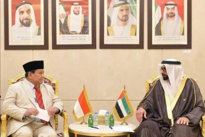 Menteri Pertahanan RI Prabowo Subianto saat melakukan bilateral meeting dengan Menhan Uni Emirat Arab (UEA) Mohammed Ahmed Al Bowardi, di Kantor Kemhan UEA, Abu Dhabi, Senin (24/2/2020). (ANTARA/HO-Humas Kemhan)