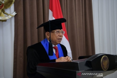 Vice-president Ma&#039;ruf Amin tijdens toespraken op de 56e verjaardag van Makassar van Universitas Muslim Indonesia (UMI), virtueel vanuit Jakarta op dinsdag. (23/6/2020).