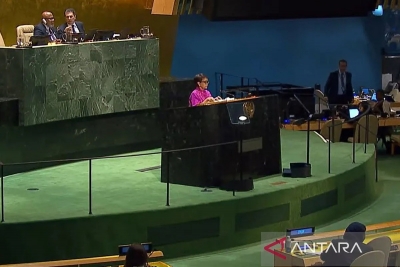 La ministre des Affaires étrangères Retno Marsudi a prononcé la déclaration de l&#039;Indonésie lors de la 78e session de l&#039;Assemblée générale des Nations Unies à New York, aux États-Unis, samedi (23/9/2023), heure locale. ANTARA/HO-Information et Médias Ministère des Affaires étrangères de la République d&#039;Indonésie/aa.