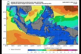 Carte des hautes vagues potentielles publiée par l&#039;Agence de météorologie, climatologie et géophysique (BMKG) samedi (30/12/2023). (ANTARA/HO-BMKG)