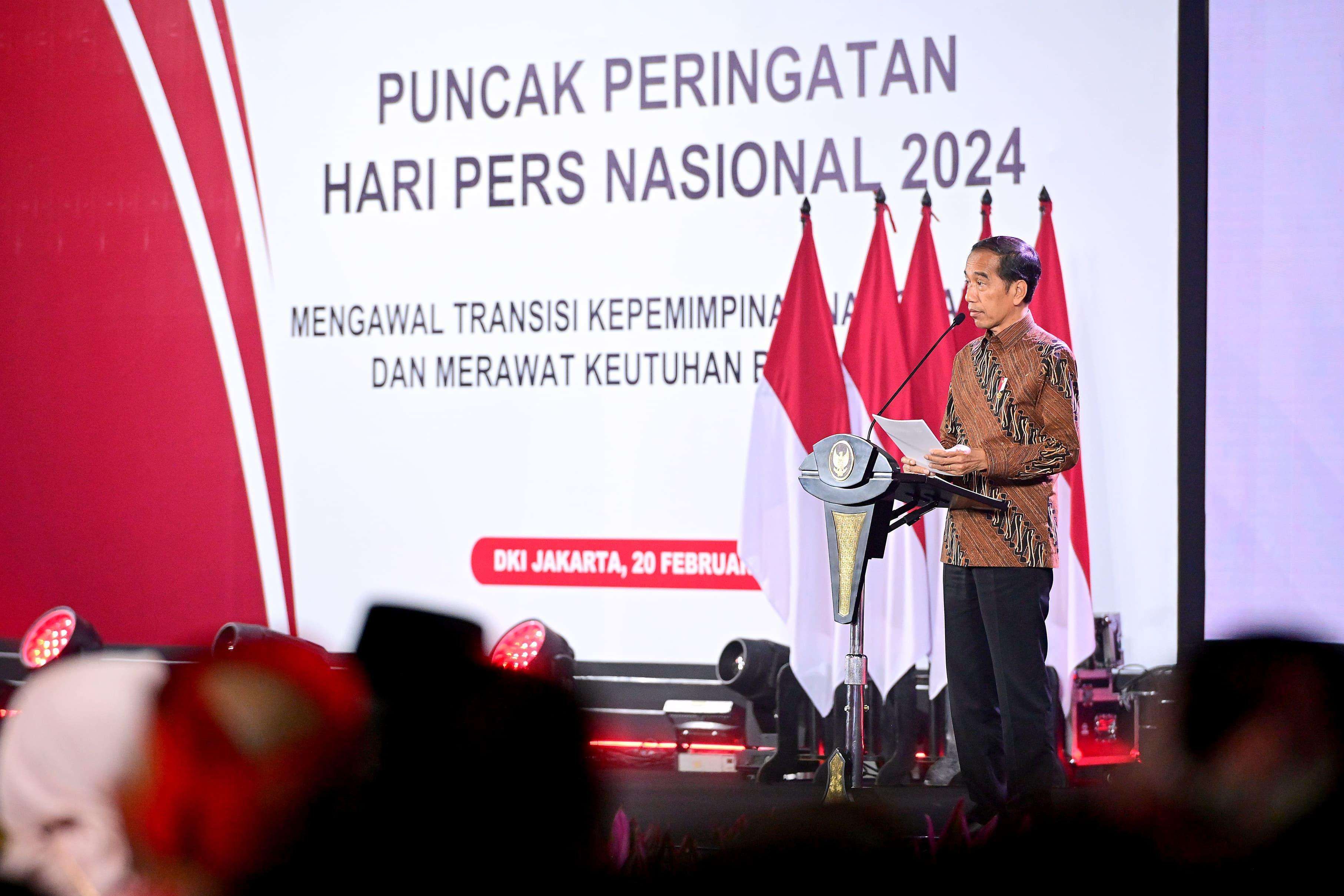 Presiden RI, Joko Widodo memberikan sambutan pada Puncak Peringatan Hari Pers Nasional Tahun 2024 di Jakarta, Selasa (20/2/2024). (Foto: BPMI Setpres)
