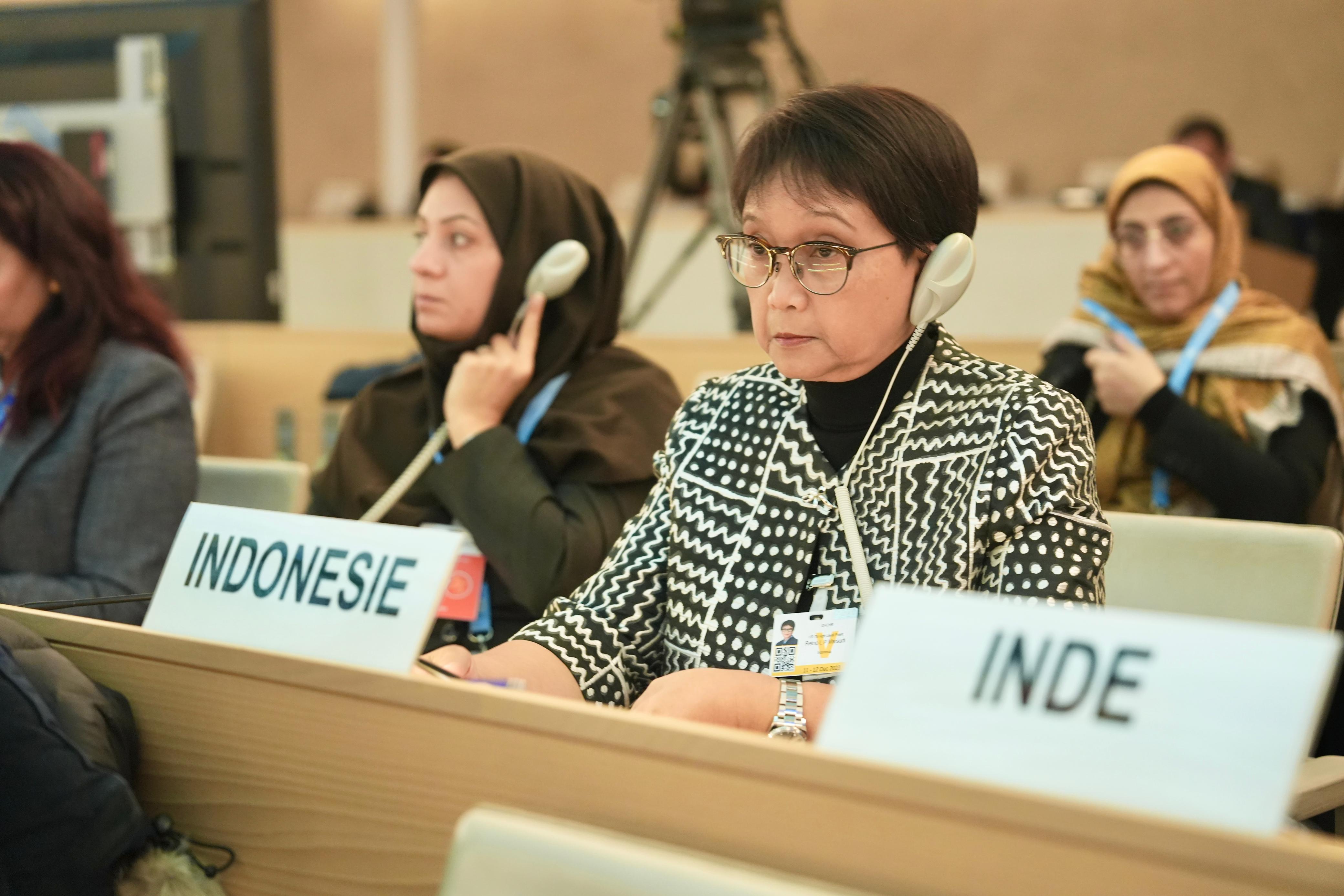 Menlu RI Retno Marsudi menghadiri peringatan ke-75 tahun Deklarasi Universal Hak Asasi Manusia di Markas Dewan HAM PBB di Jenewa, Swiss pada Senin (11/12/2023).