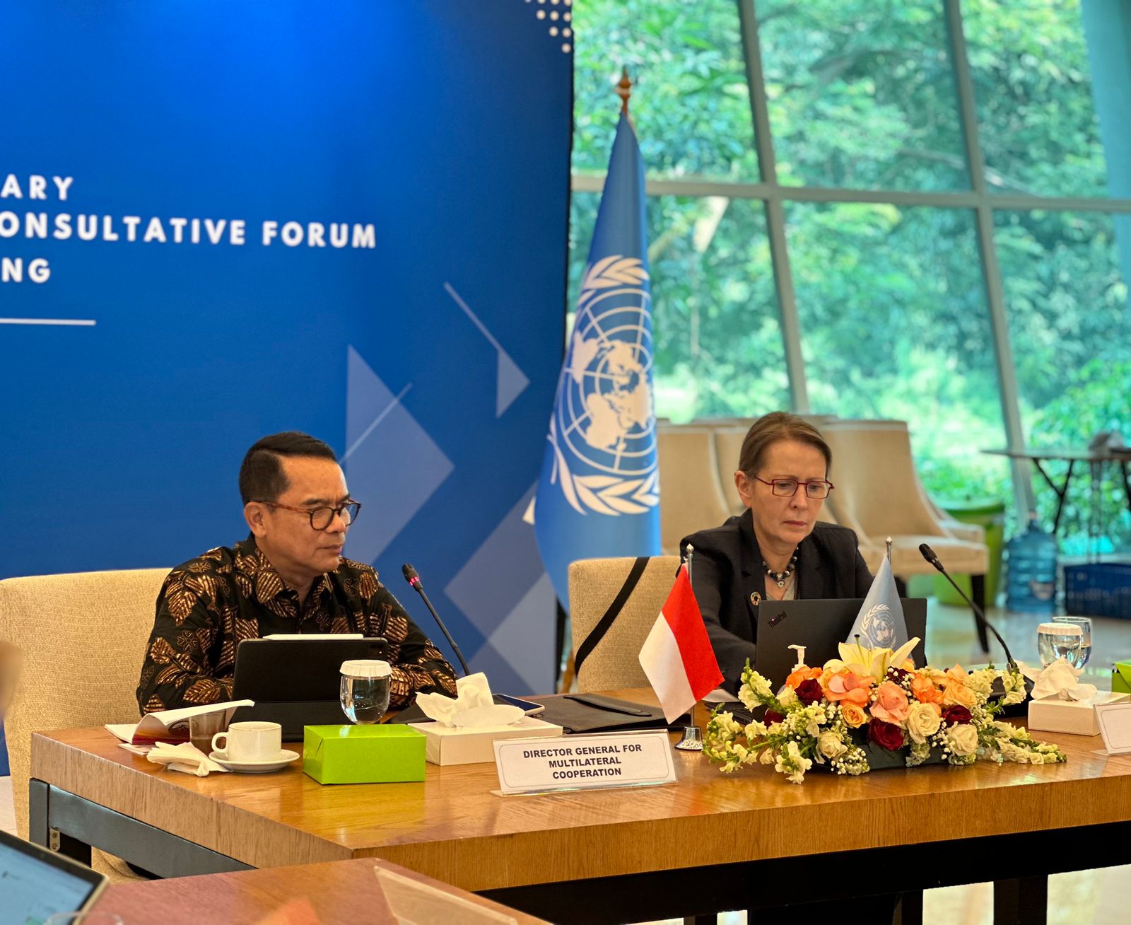 Direktur Jenderal Kerja Sama Multilateral Tri Tharyat  dalam Pertemuan Pleno ke-8 Forum Konsultasi Indonesia-PBB atau Indonesia-United Nations Consultative Forum (IUNCF) Selasa (31/10/2023).