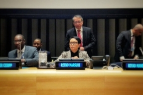 Menteri Luar Negeri RI Retno Marsudi berbicara dalam UN Forum on Palestine di Markas Besar PBB, New York, Kamis (4/4/2019). (Kemlu RI)