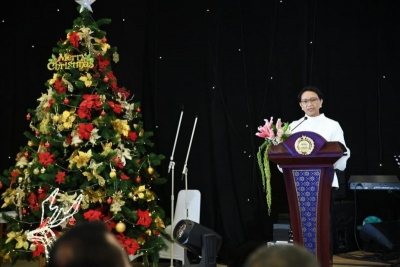 Menteri Luar Negeri RI Retno Marsudi menyampaikan sambutan dalam Perayaan Natal Kemlu RI di Jakarta, Senin (6/1/2020).