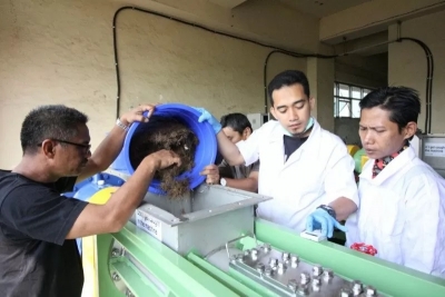 Aktivitas pengolahan limbah Tandan Kosong Kelapa Sawit (TKKS) yang dijadikan sebagai bahan baku untuk industri kertas dan karton di Balai Besar Pulp dan Kertas (BBPK).