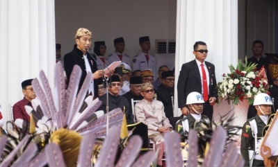 Presiden Joko Widodo saat menjadi inspektur Upacara Peringatan Hari Lahir Pancasila di Gedung Pancasila, Komplek Kementerian Luar Negeri, Jakarta pada Sabtu (1/6/2019).