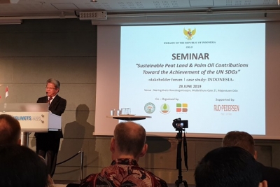 Duta Besar RI untuk Norwegia dan Islandia Todung Mulya Lubis berbicara dalam sebuah seminar tentang sawit dan gambut di gedung pertemuan Konfederasi Bisnis Norwegia (Næringslivets Hovedorganisasjon/NHO) di Oslo, Jumat (28/6/2019). 