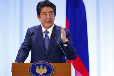 Perdana Menteri Jepang Shinzo Abe saat berbicara di forum G20, Sabtu (29/6).