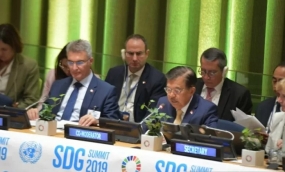 Wakil Presiden Jusuf Kalla berbicara dalam SDGs Summit di Markas Besar Perserikatan Bangsa-Bangsa (PBB) di New York, Amerika Serikat, Rabu (25/9/2019). (Biro Pers Setwapres)