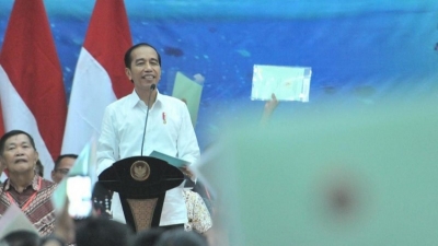 Presiden Jokowi saat berpidato tentang Visi Indonesia di Sentul International Convention Center (SICC), Bogor, Minggu (14/7/2019).