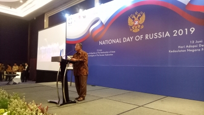 Menteri Koordinator Bidang Perekonomian Darmin Nasution di resepsi Hari Nasional Federasi Rusia ke-27 di Jakarta, Jumat (28/06/2019)