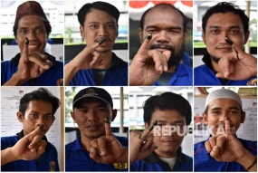 Foto kolase sejumlah warga binaan menunjukkan jari yang telah tercelup tinta usai menggunakan hak suara dalam Pemilu 2019 di Rumah Tahanan (Rutan) Klas I Cipinang, Jakarta Timur, Rabu (17/4/2019).  Foto: Antara/Aditya Pradana Putra