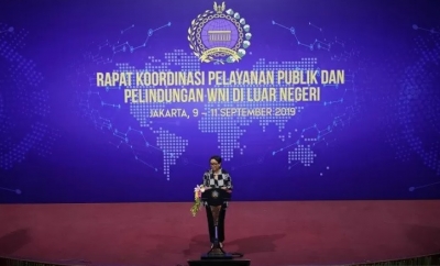 Menteri Luar Negeri RI Retno Marsudi menyampaikan sambutan dalam pembukaan Rapat Koordinasi Pelayanan Publik dan Perlindungan WNI di Luar Negeri, di Hotel Bidakara, Jakarta, pada Senin (9/9/2019).