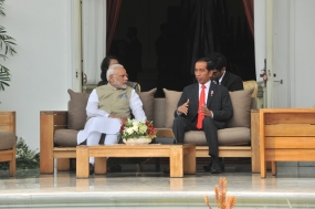 Presiden Jokowi dan PM India Narendra Modi melakukan veranda talk di halaman belakang Istana Merdeka, Jakarta, Rabu (30/5) pagi.