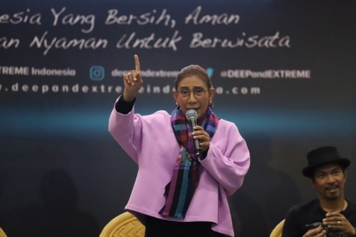 Menteri Kelautan dan Perikanan, Susi Pudjiastuti, dalam acara Deep and Extreme Indonesia (DXI) 2019 di Jakarta, Sabtu (6/4/2019). (Dokumentasi Humas Kementerian Kelautan dan Perikanan)