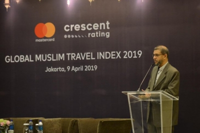 CEO Crescent Rating Fazal Bahardeen ketika menyampaikan report GMTI 2019 di Pullman Hotel Jakarta, Selasa (9/4/2019) (Dok. Humas Kemenpar)