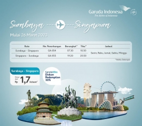 Garuda Indonesia vuelve a operar el vuelo directo Singapur - Surabaya